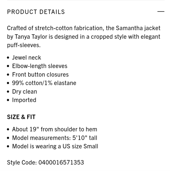 Tanya Taylor "Samantha" Puff Sleeve Cropped Jacket, Lined, Cream, Sm, NWT - Picture 16 of 16